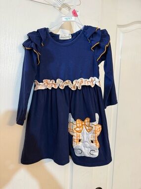 Marie Nicole Navy Long-Sleeve Ruffle Dress with Orange Cow Applique